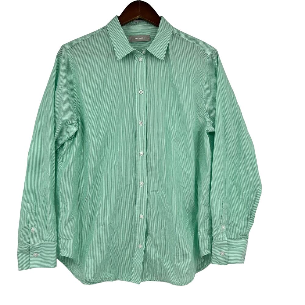 Everlane The Silky Cotton Relaxed Button Down Long Sleeve Shirt Green Striped 10